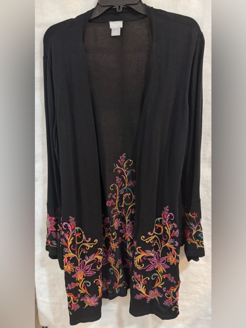 Chico's Black Open-Front Long Cardigan with Floral Embroidery